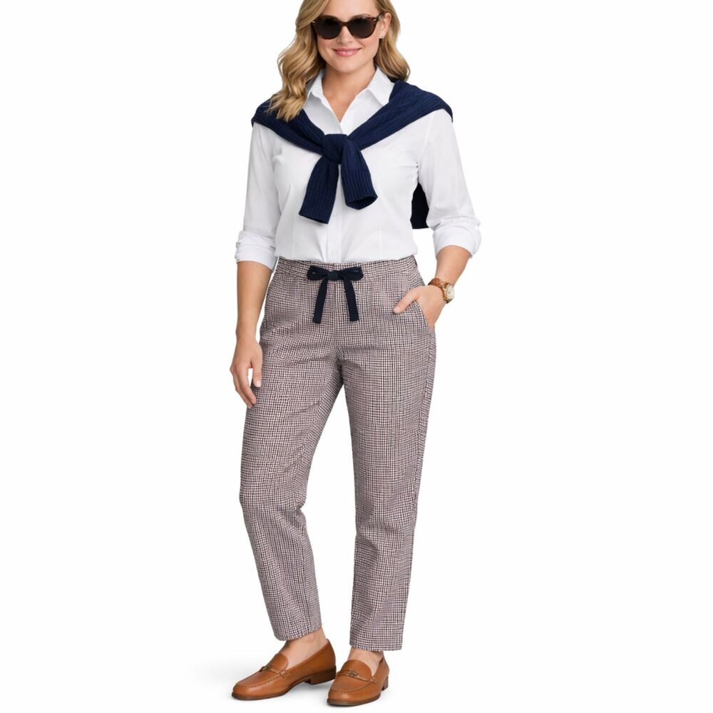 Lands End Seersucker Pants Womens 10 Blue Drawstring Waist Coastal Preppy Comfy